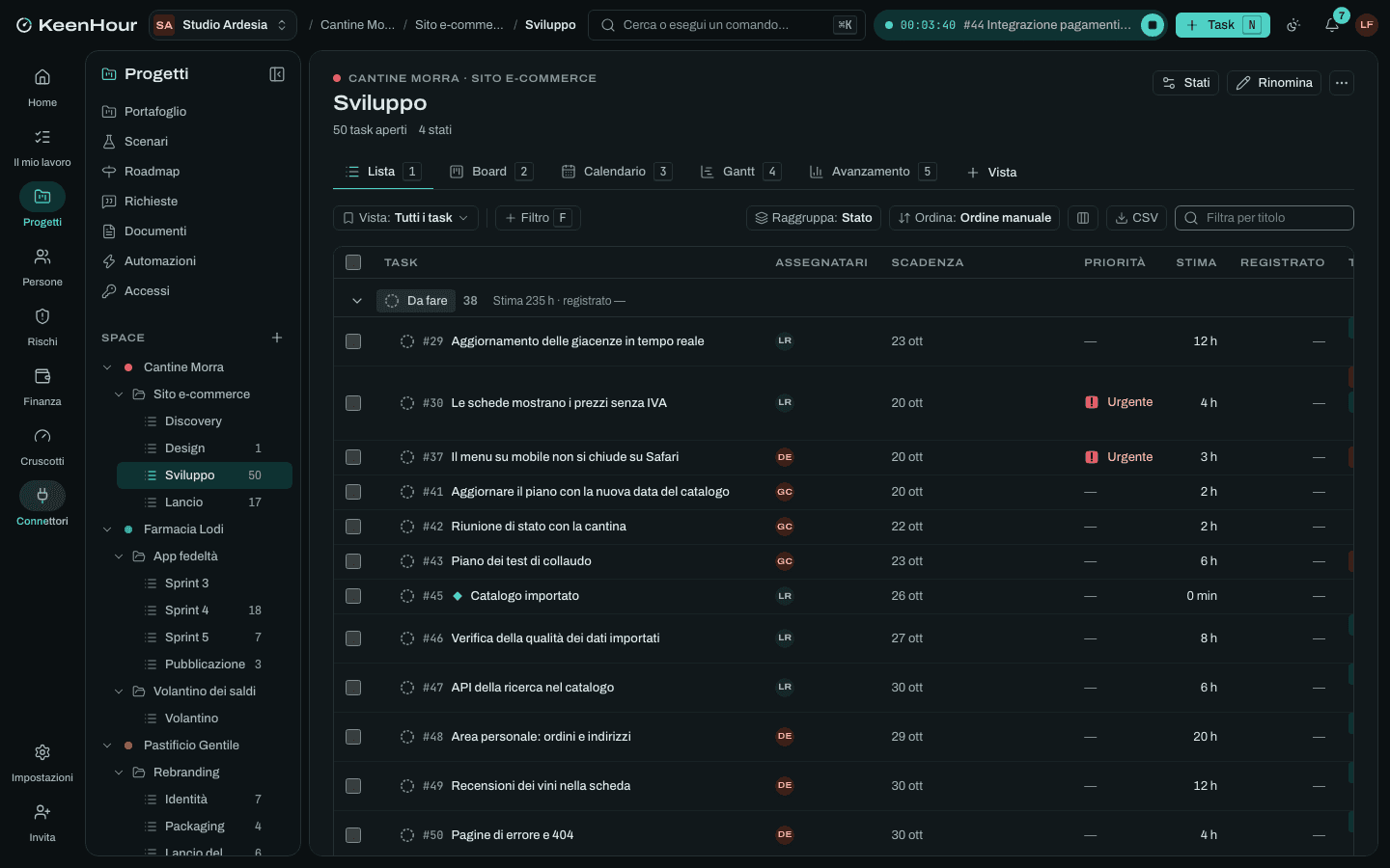 La vista lista di KeenHour: task raggruppati per stato con assegnatari, scadenza, priorità, stima e tag.