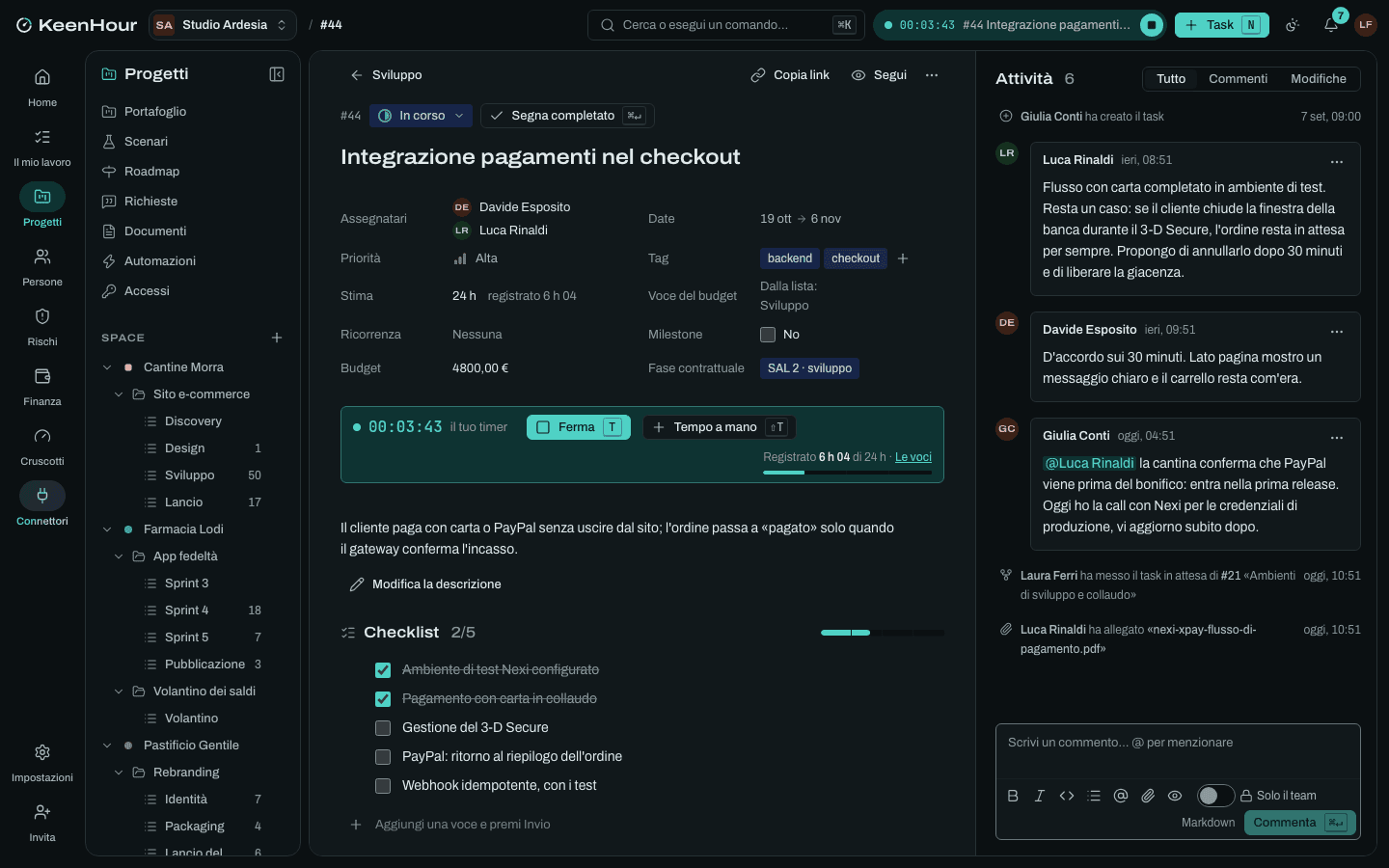 Un task aperto in KeenHour: timer acceso, registrato sulla stima, voce del budget, checklist, attività e commenti con una @menzione.
