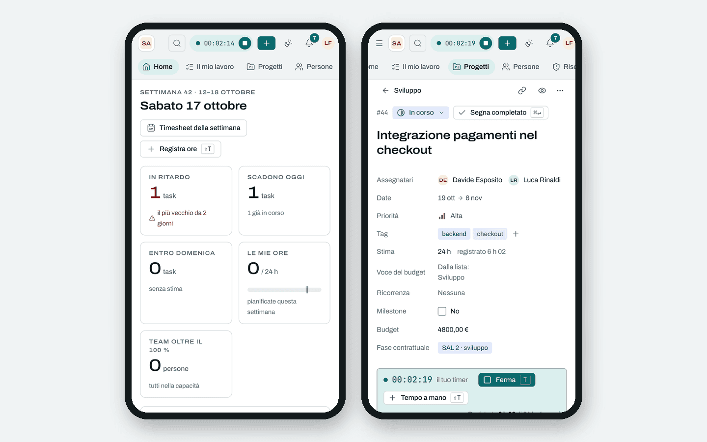 KeenHour su due telefoni: la home della giornata e un task con il timer acceso, nell'app installata dal browser.