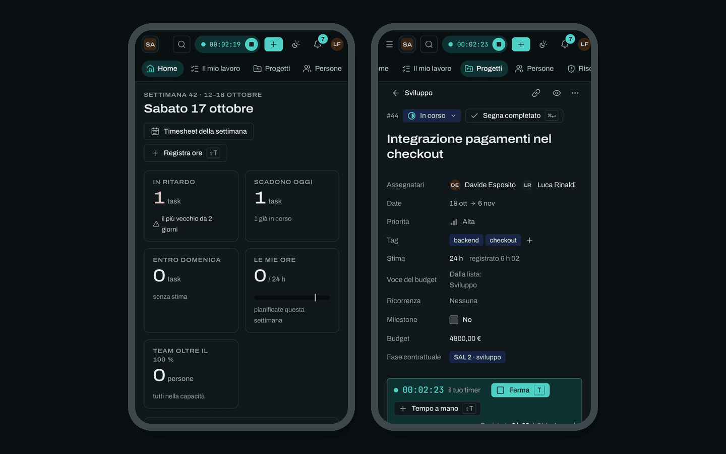KeenHour su due telefoni: la home della giornata e un task con il timer acceso, nell'app installata dal browser.