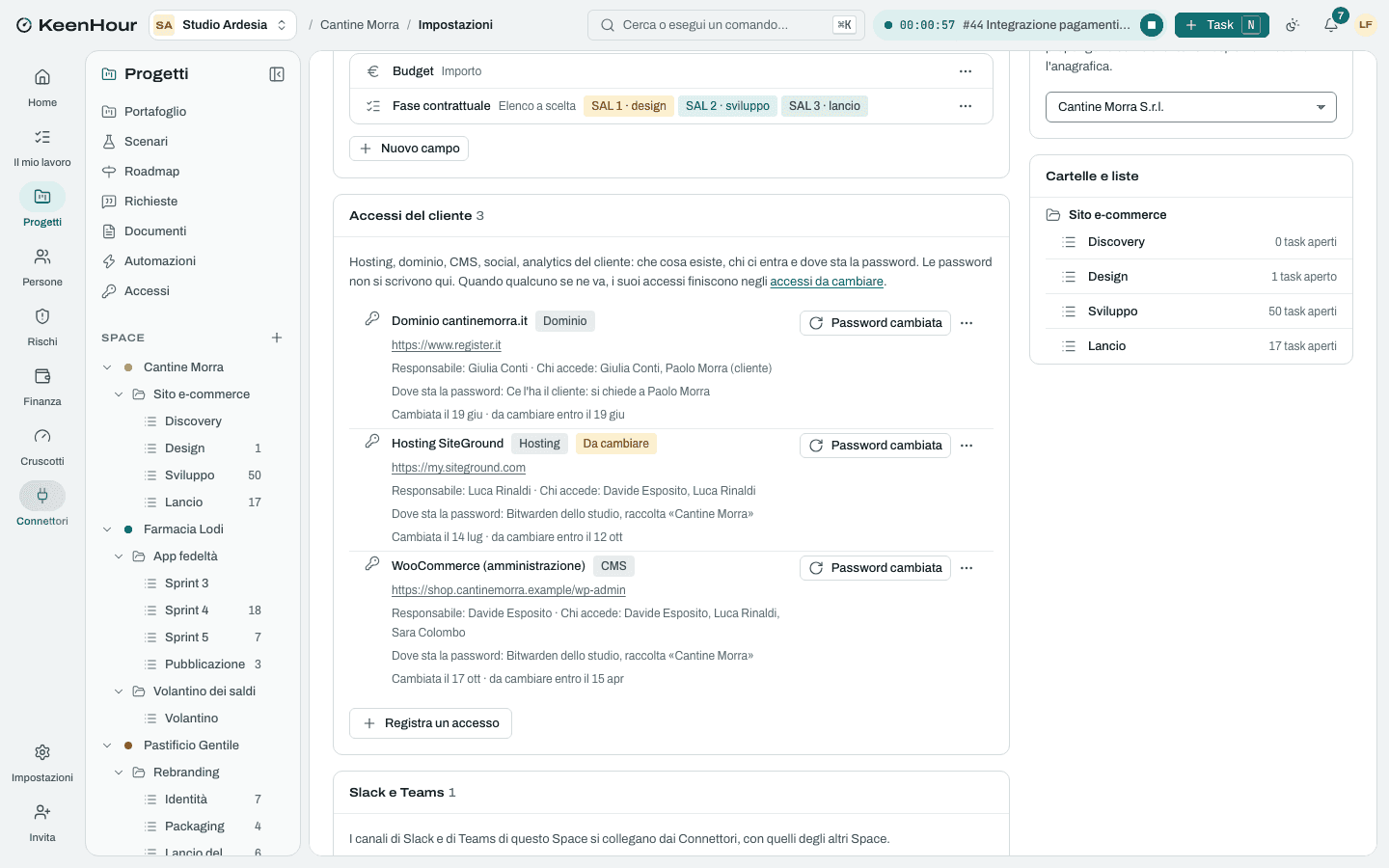 Gli accessi del cliente di uno Space in KeenHour: servizio, chi accede, dove sta la password e il cambio da fare, senza password.