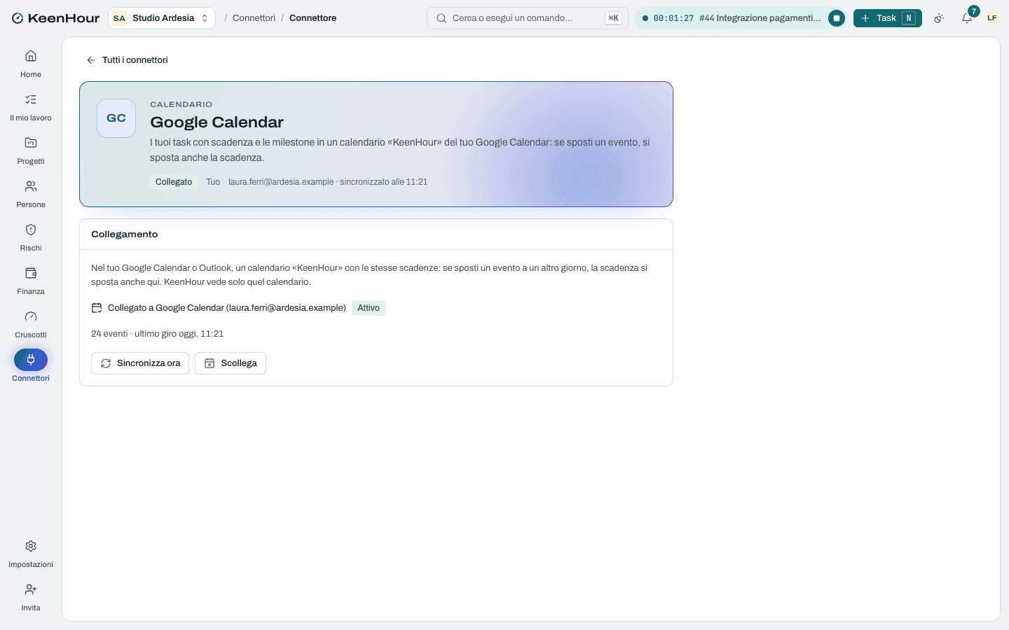 Google Calendar collegato in KeenHour: il calendario «KeenHour» con gli eventi delle scadenze, l'ultimo giro e «Sincronizza ora».