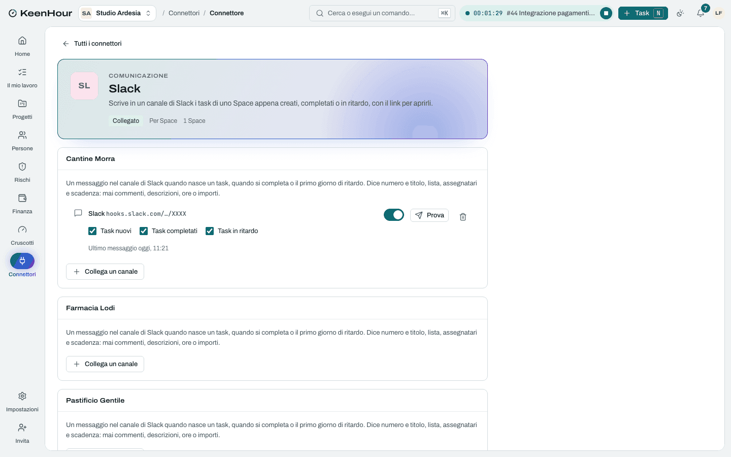 Slack nei Connettori di KeenHour: per ogni Space i canali collegati, con gli eventi scelti e il messaggio di prova.