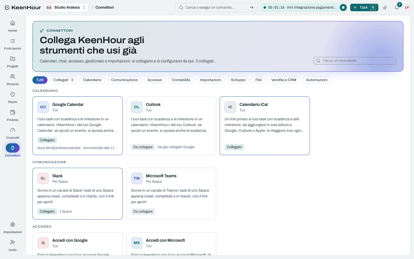 I Connettori di KeenHour: calendari, Slack e Teams, accesso, gestionale, importazioni e API in schede per categoria, con lo stato di ciascuno.