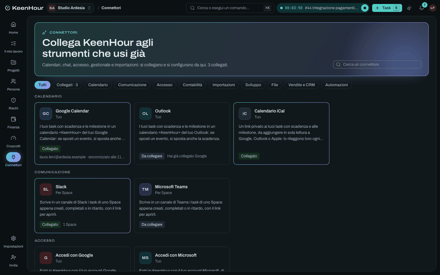 I Connettori di KeenHour: calendari, Slack e Teams, accesso, gestionale, importazioni e API in schede per categoria, con lo stato di ciascuno.