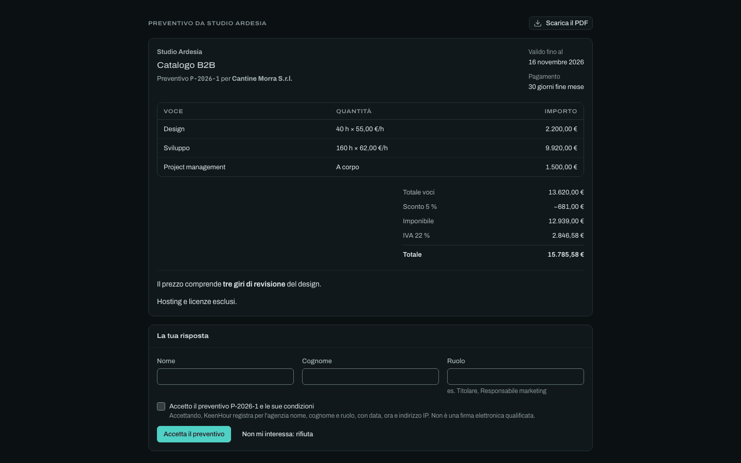 La pagina del preventivo per il cliente: righe, totali e condizioni, con l'accettazione per nome, cognome e ruolo.